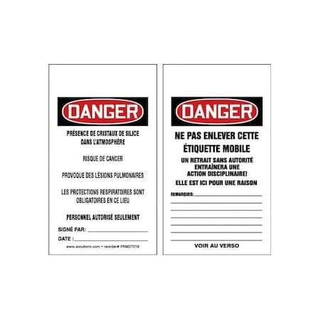 Accuform French Safety Tags, DANGER RESPIRABLE CRYSTALLINE SILICA, 5.75in x 3.25in, RP-Plastic, 25PK FRMDT018PTP